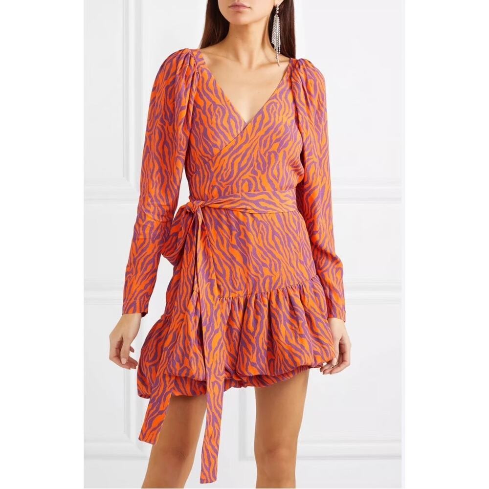 ROTATE Birger Christensen Zebra Print Wrap Mini Dress V Cut Tie Waist SZ 38